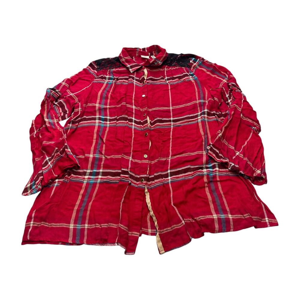 Rafaella Weekend Shirt Women's XL Red Plaid Lace Detail Long Sleeve Button-Up - Picture 1 of 6